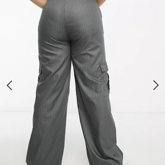 ASOS Heartbreak Plus wide leg cargo trousers co-ord in grey pinstripe Sz 16 US - Picture 2 of 5